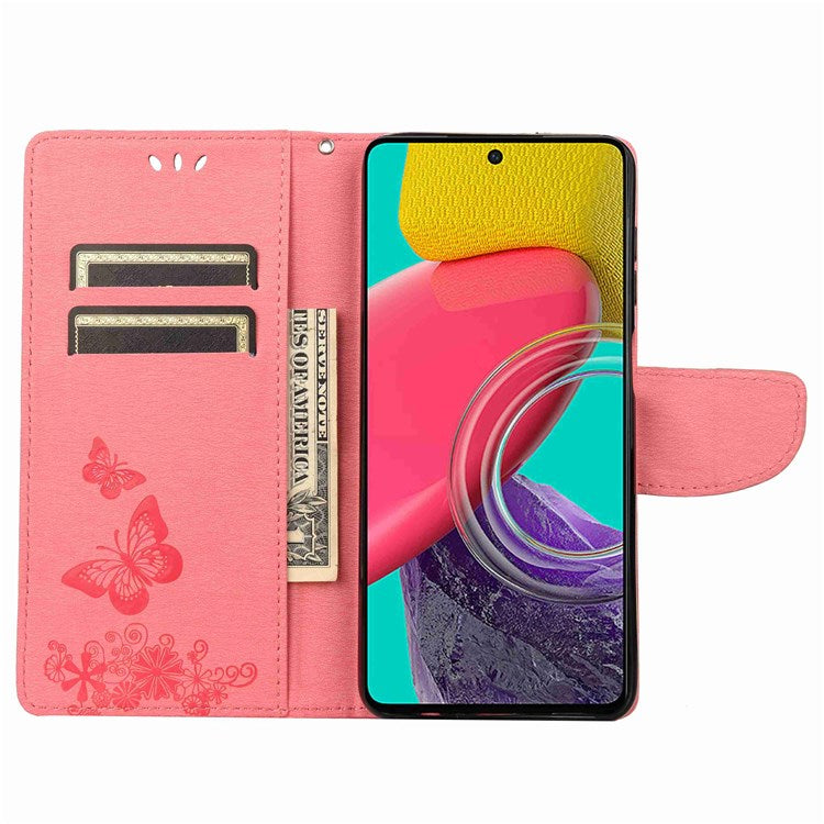 For Samsung Galaxy M53 5G Wallet Case Butterfly Flower Imprinted PU Leather Stand Flip Protective Cover with Hand Strap - Pink