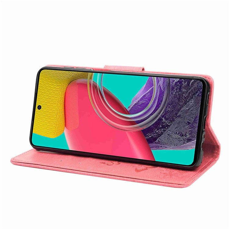 For Samsung Galaxy M53 5G Wallet Case Butterfly Flower Imprinted PU Leather Stand Flip Protective Cover with Hand Strap - Pink
