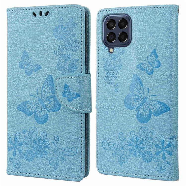 For Samsung Galaxy M53 5G Wallet Case Butterfly Flower Imprinted PU Leather Stand Flip Protective Cover with Hand Strap - Blue