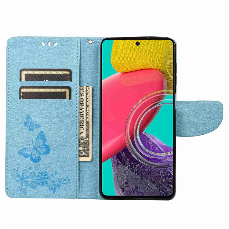 For Samsung Galaxy M53 5G Wallet Case Butterfly Flower Imprinted PU Leather Stand Flip Protective Cover with Hand Strap - Blue