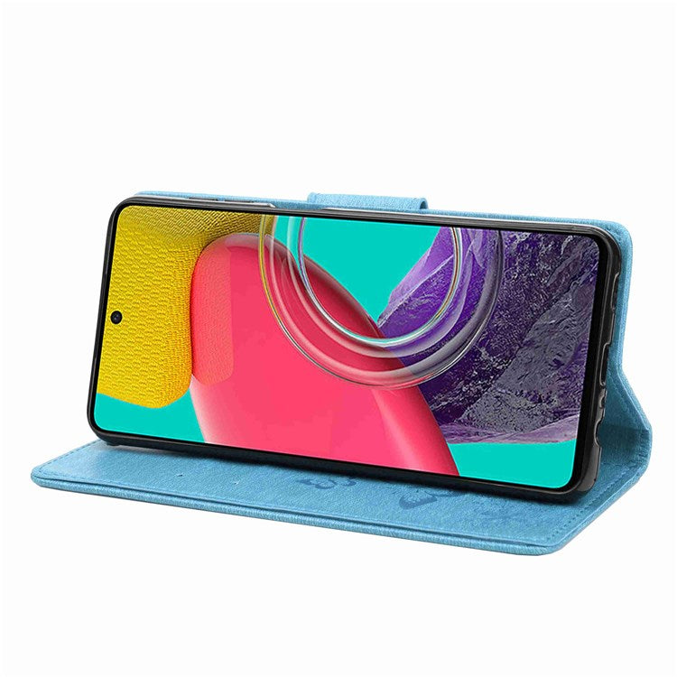 For Samsung Galaxy M53 5G Wallet Case Butterfly Flower Imprinted PU Leather Stand Flip Protective Cover with Hand Strap - Blue