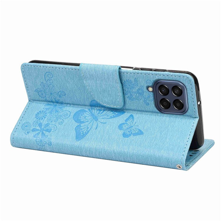 For Samsung Galaxy M53 5G Wallet Case Butterfly Flower Imprinted PU Leather Stand Flip Protective Cover with Hand Strap - Blue
