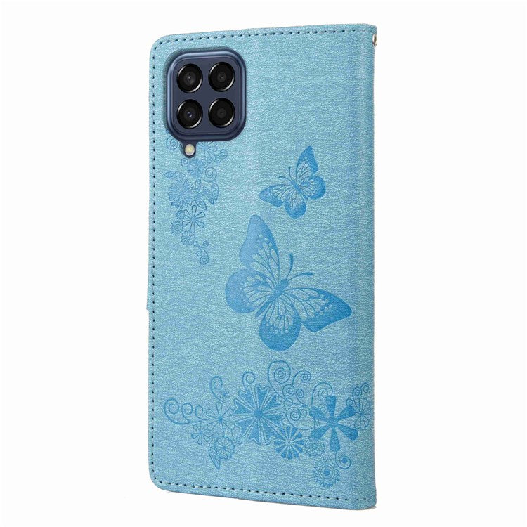 For Samsung Galaxy M53 5G Wallet Case Butterfly Flower Imprinted PU Leather Stand Flip Protective Cover with Hand Strap - Blue