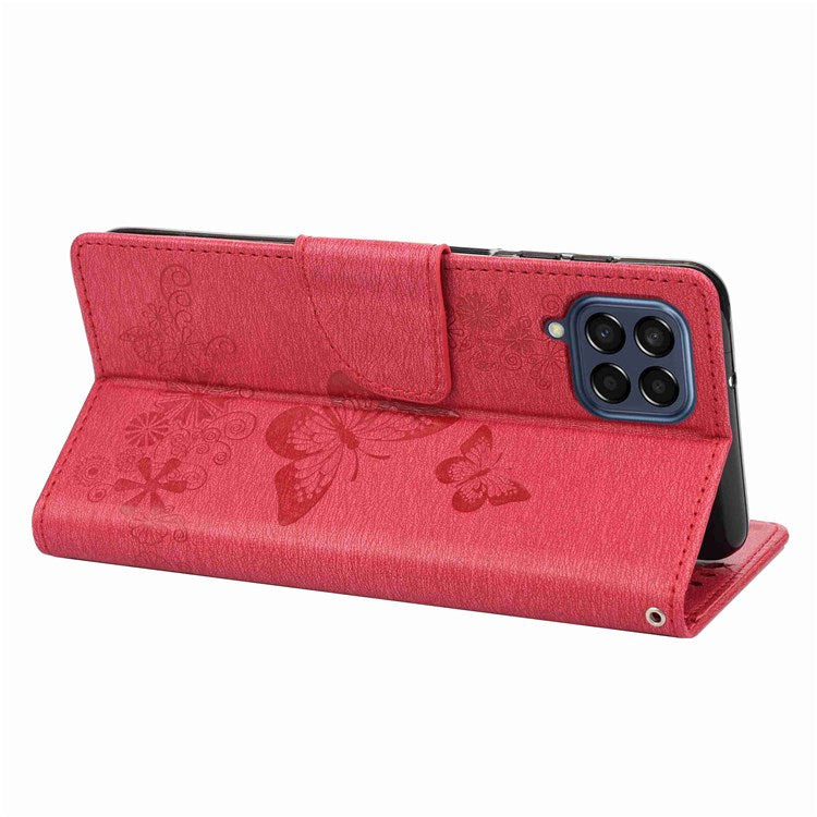 For Samsung Galaxy M53 5G Wallet Case Butterfly Flower Imprinted PU Leather Stand Flip Protective Cover with Hand Strap - Red