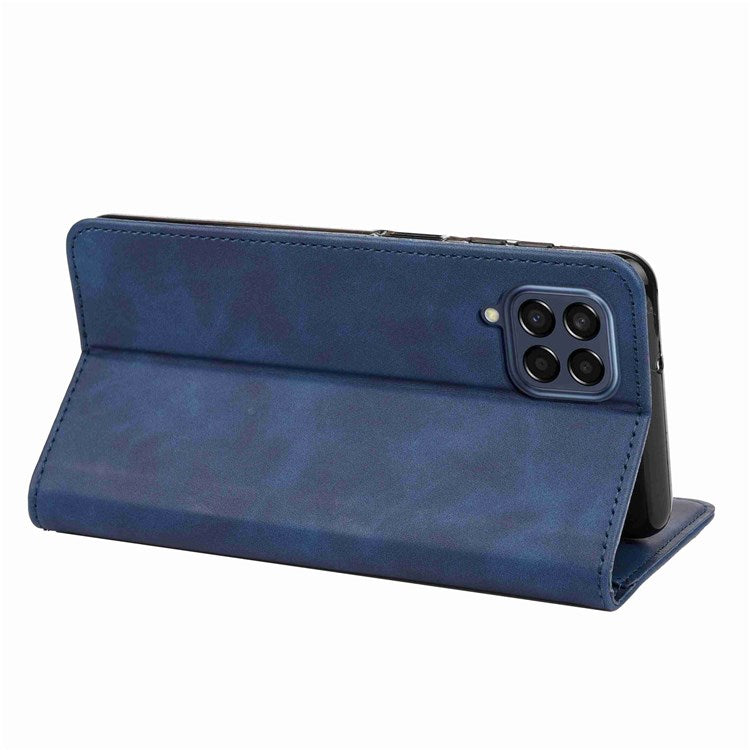 For Samsung Galaxy M53 5G Splicing PU Leather Skin-touch Feeling Case Stand Magnetic Absorption Full Protection Flip Folio Wallet Cover - Blue