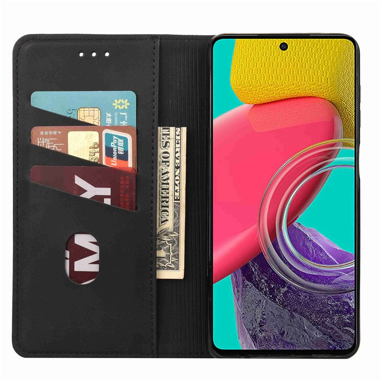 For Samsung Galaxy M53 5G Splicing PU Leather Skin-touch Feeling Case Stand Magnetic Absorption Full Protection Flip Folio Wallet Cover - Black