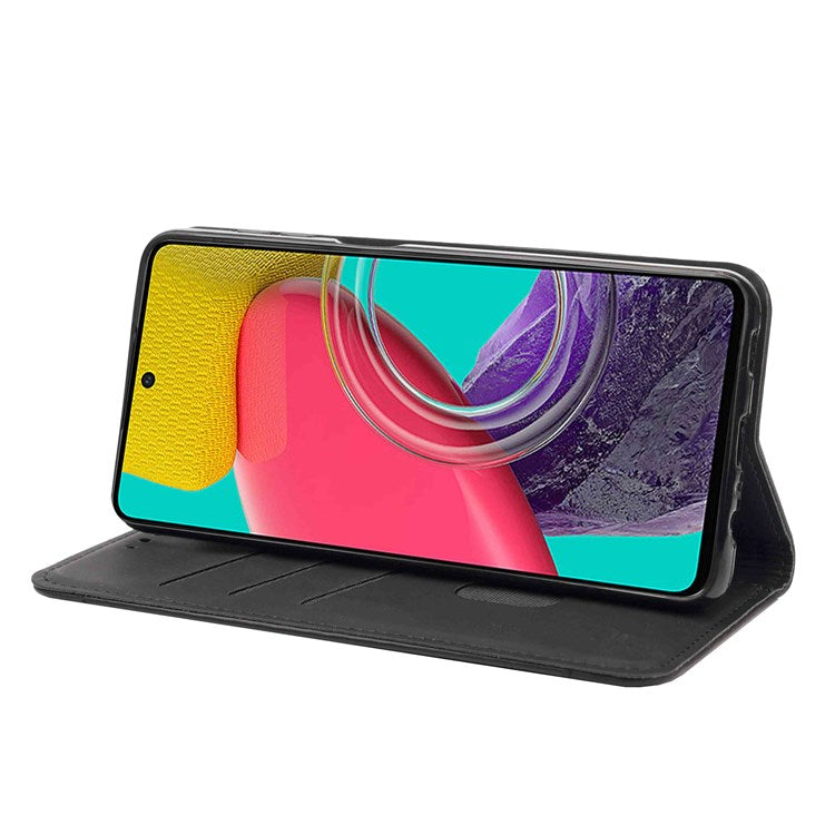 For Samsung Galaxy M53 5G Splicing PU Leather Skin-touch Feeling Case Stand Magnetic Absorption Full Protection Flip Folio Wallet Cover - Black