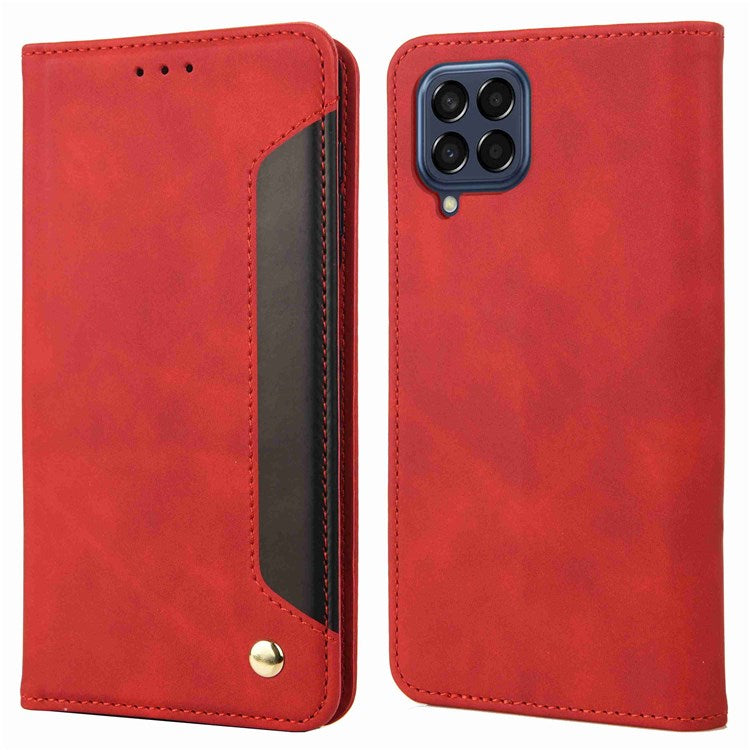 For Samsung Galaxy M53 5G Splicing PU Leather Skin-touch Feeling Case Stand Magnetic Absorption Full Protection Flip Folio Wallet Cover - Red