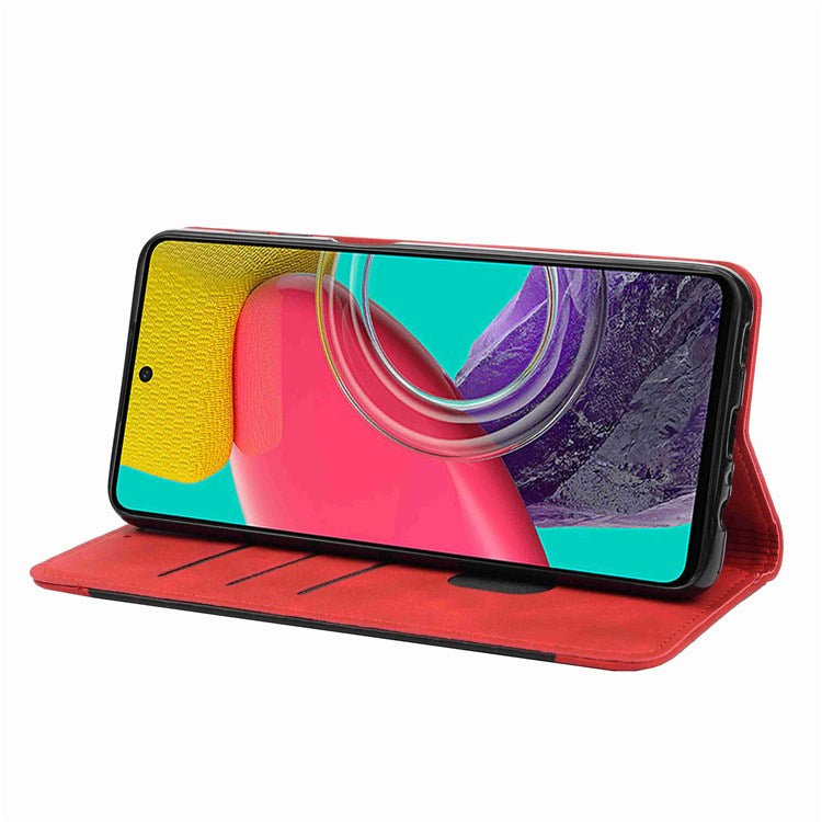 For Samsung Galaxy M53 5G Splicing PU Leather Skin-touch Feeling Case Stand Magnetic Absorption Full Protection Flip Folio Wallet Cover - Red