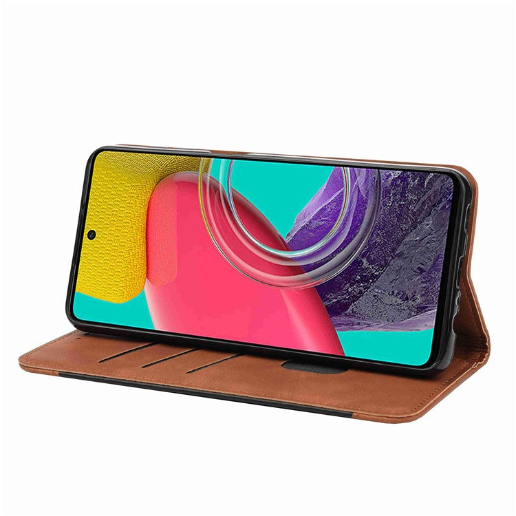 For Samsung Galaxy M53 5G Splicing PU Leather Skin-touch Feeling Case Stand Magnetic Absorption Full Protection Flip Folio Wallet Cover - Brown