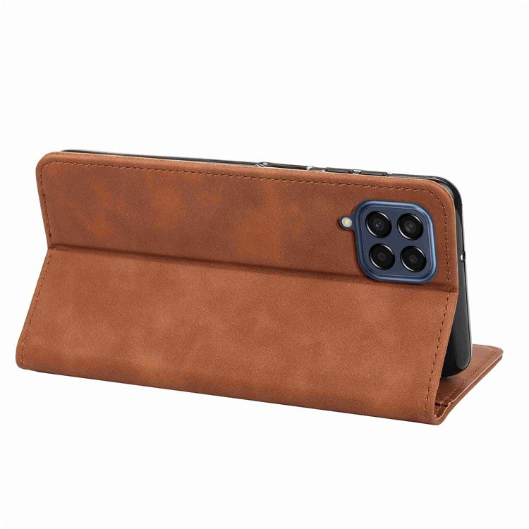 For Samsung Galaxy M53 5G Splicing PU Leather Skin-touch Feeling Case Stand Magnetic Absorption Full Protection Flip Folio Wallet Cover - Brown