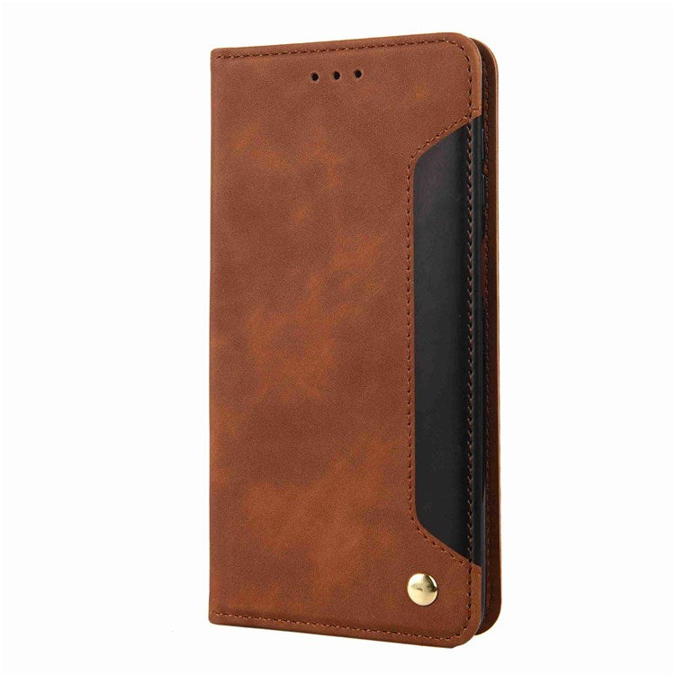 For Samsung Galaxy M53 5G Splicing PU Leather Skin-touch Feeling Case Stand Magnetic Absorption Full Protection Flip Folio Wallet Cover - Brown