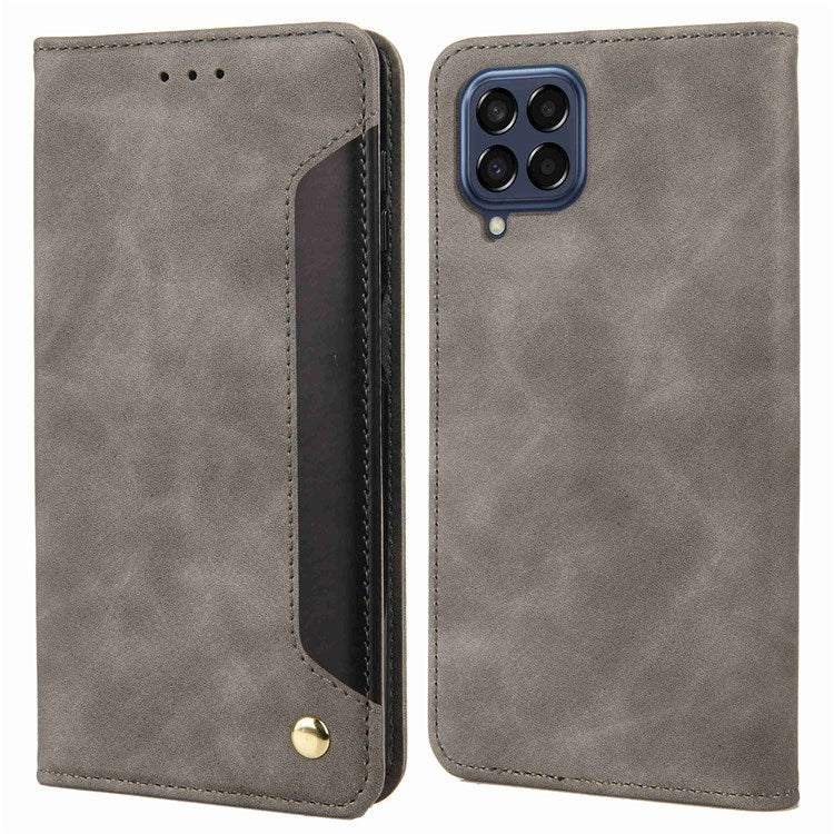 For Samsung Galaxy M53 5G Splicing PU Leather Skin-touch Feeling Case Stand Magnetic Absorption Full Protection Flip Folio Wallet Cover - Grey