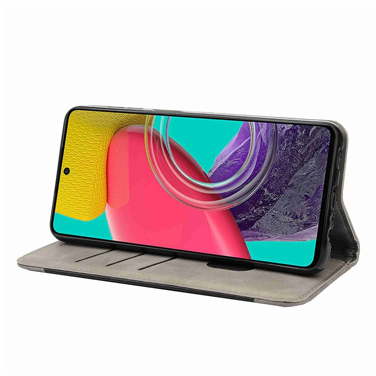 For Samsung Galaxy M53 5G Splicing PU Leather Skin-touch Feeling Case Stand Magnetic Absorption Full Protection Flip Folio Wallet Cover - Grey
