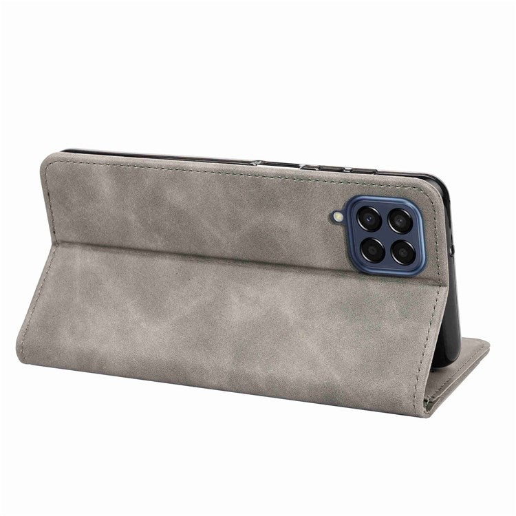 For Samsung Galaxy M53 5G Splicing PU Leather Skin-touch Feeling Case Stand Magnetic Absorption Full Protection Flip Folio Wallet Cover - Grey