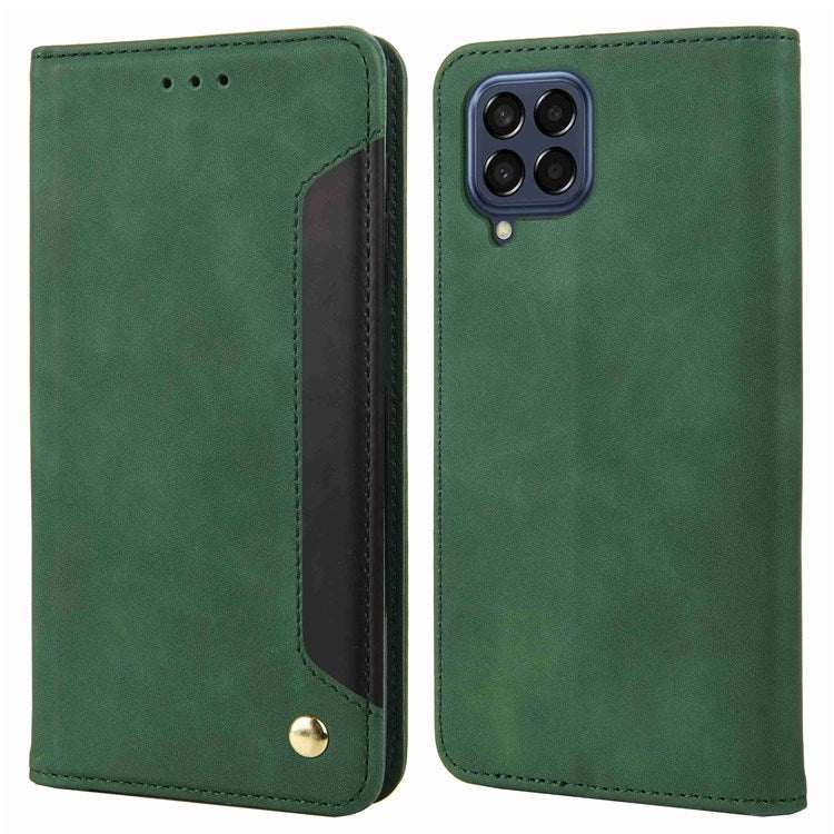 For Samsung Galaxy M53 5G Splicing PU Leather Skin-touch Feeling Case Stand Magnetic Absorption Full Protection Flip Folio Wallet Cover - Green