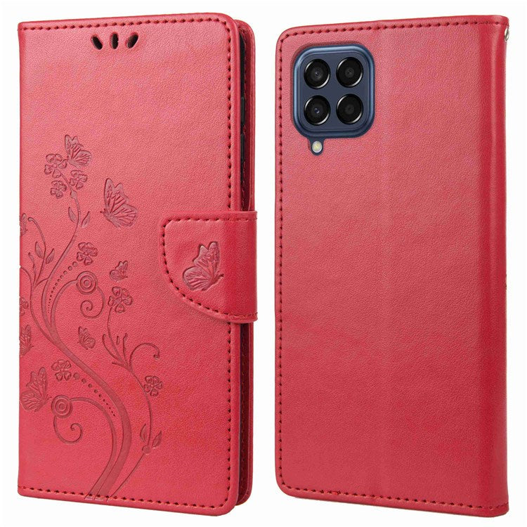 For Samsung Galaxy M53 5G Imprinted Butterflies Flowers PU Leather Flip Case Wallet Style Stand Shockproof Protective Cover with Strap - Red