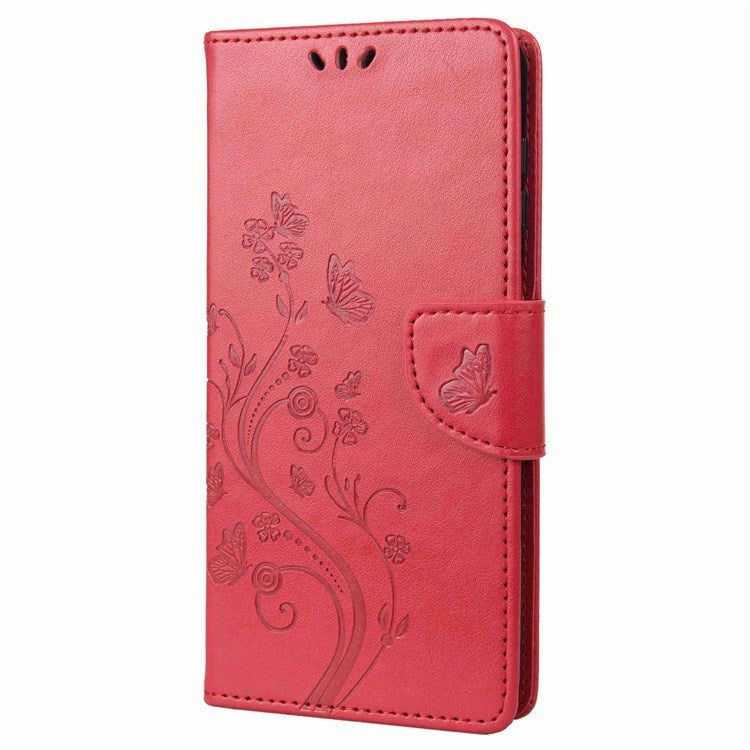 For Samsung Galaxy M53 5G Imprinted Butterflies Flowers PU Leather Flip Case Wallet Style Stand Shockproof Protective Cover with Strap - Red