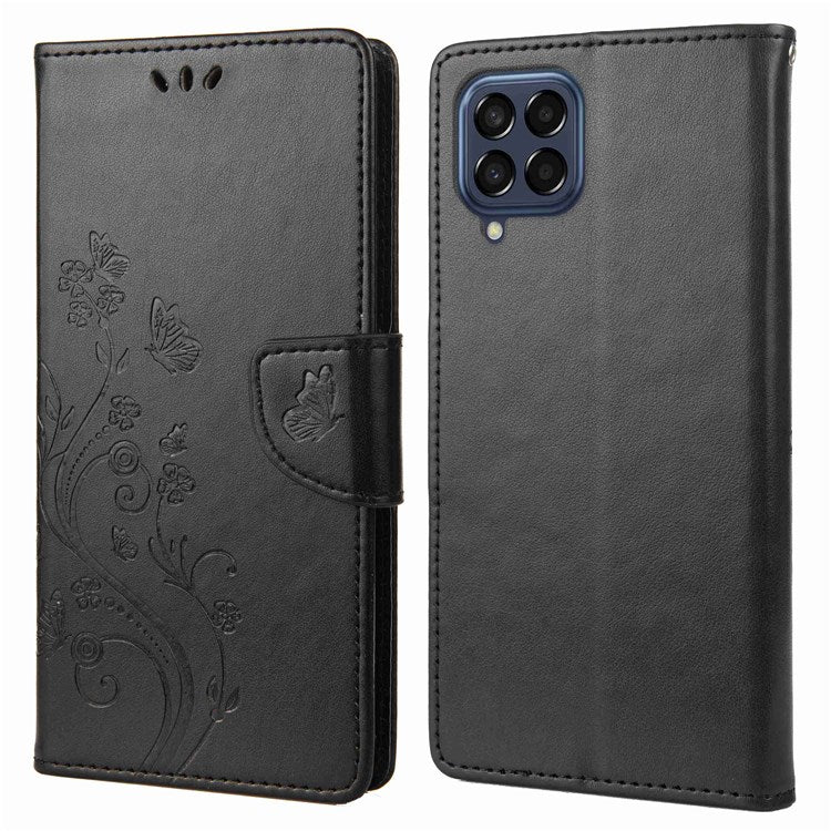 For Samsung Galaxy M53 5G Imprinted Butterflies Flowers PU Leather Flip Case Wallet Style Stand Shockproof Protective Cover with Strap - Black
