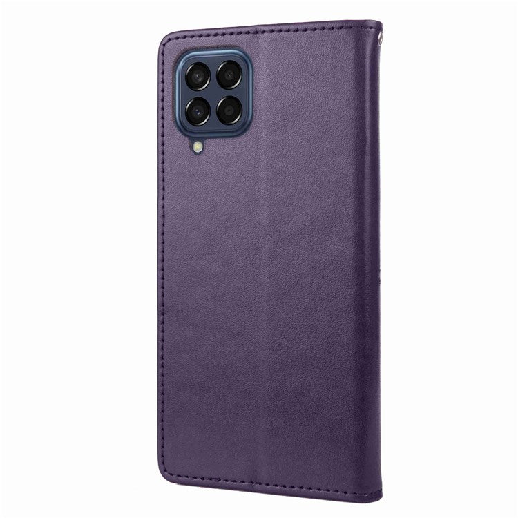For Samsung Galaxy M53 5G Imprinted Butterflies Flowers PU Leather Flip Case Wallet Style Stand Shockproof Protective Cover with Strap - Purple