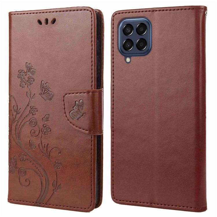 For Samsung Galaxy M53 5G Imprinted Butterflies Flowers PU Leather Flip Case Wallet Style Stand Shockproof Protective Cover with Strap - Brown