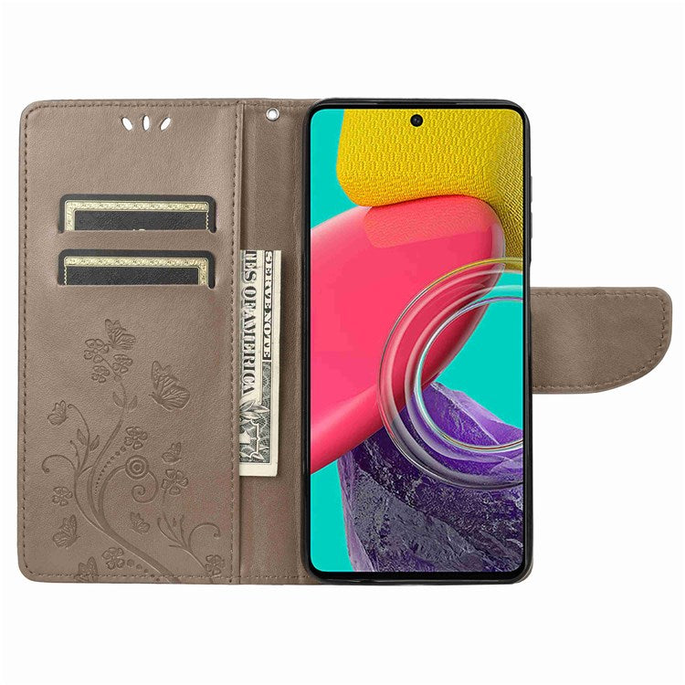 For Samsung Galaxy M53 5G Imprinted Butterflies Flowers PU Leather Flip Case Wallet Style Stand Shockproof Protective Cover with Strap - Grey