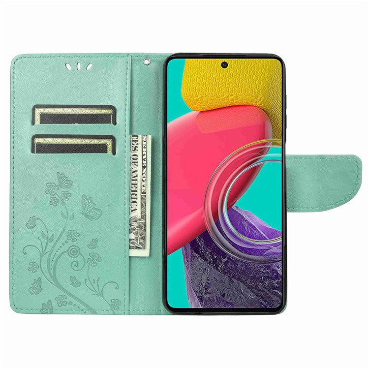 For Samsung Galaxy M53 5G Imprinted Butterflies Flowers PU Leather Flip Case Wallet Style Stand Shockproof Protective Cover with Strap - Green