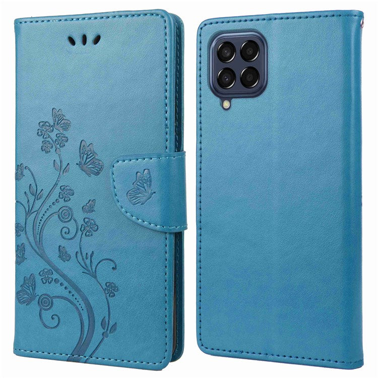 For Samsung Galaxy M53 5G Imprinted Butterflies Flowers PU Leather Flip Case Wallet Style Stand Shockproof Protective Cover with Strap - Blue