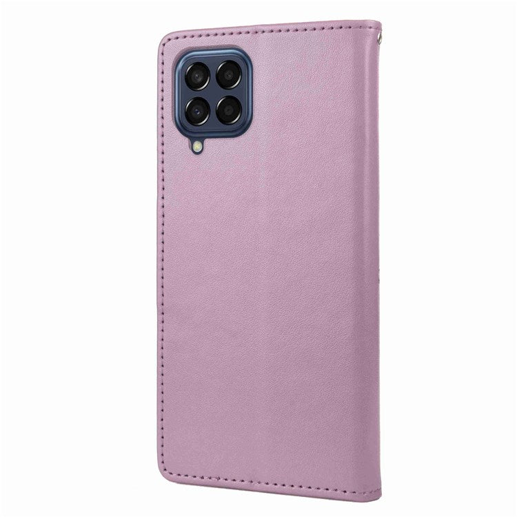 For Samsung Galaxy M53 5G Imprinted Butterflies Flowers PU Leather Flip Case Wallet Style Stand Shockproof Protective Cover with Strap - Light Purple