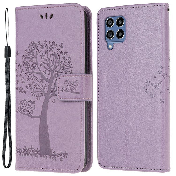 For Samsung Galaxy M53 5G Stand PU Leather Case Imprinted Owl Tree Pattern Wallet Cover with Strap - Purple
