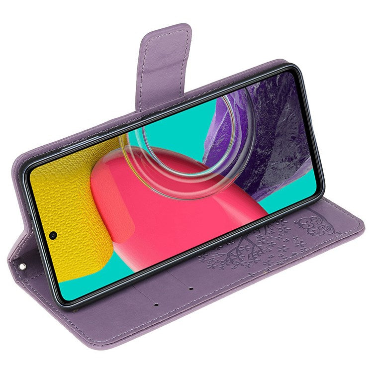 For Samsung Galaxy M53 5G Stand PU Leather Case Imprinted Owl Tree Pattern Wallet Cover with Strap - Purple
