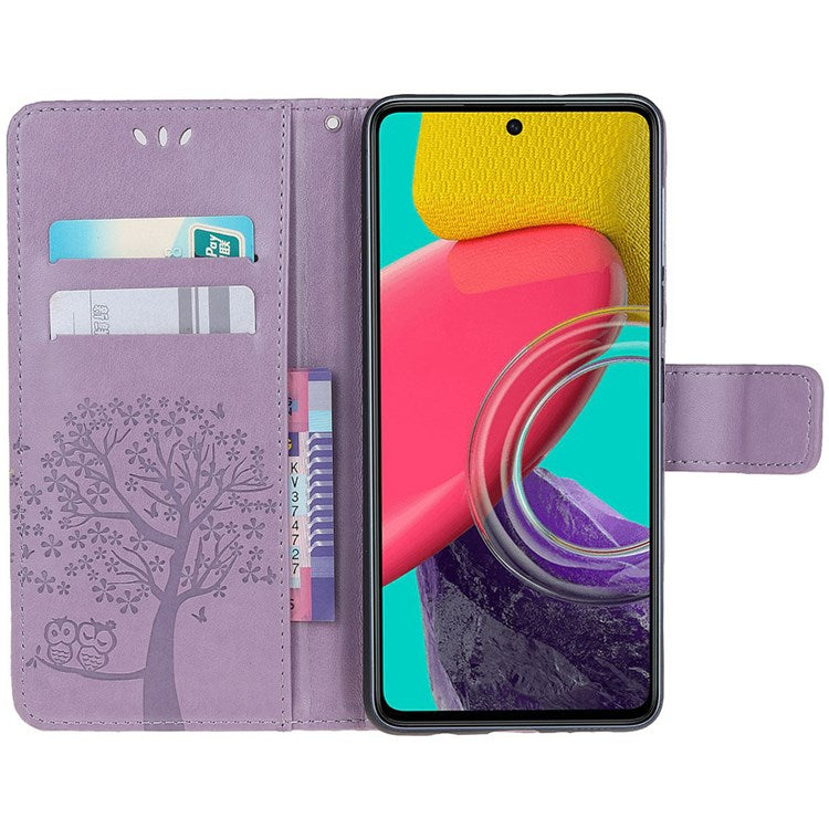 For Samsung Galaxy M53 5G Stand PU Leather Case Imprinted Owl Tree Pattern Wallet Cover with Strap - Purple