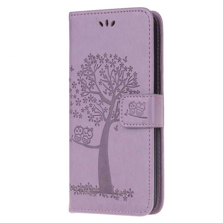 For Samsung Galaxy M53 5G Stand PU Leather Case Imprinted Owl Tree Pattern Wallet Cover with Strap - Purple