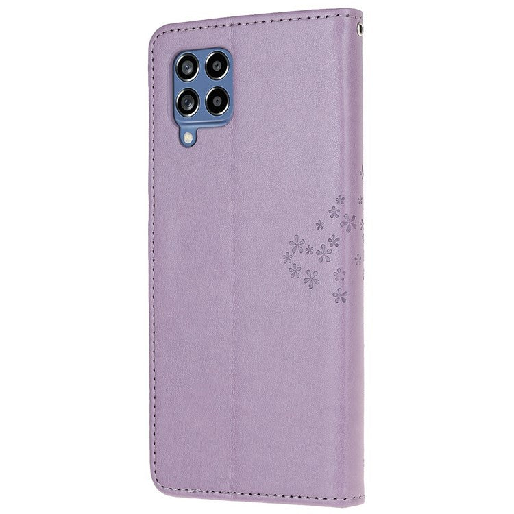 For Samsung Galaxy M53 5G Stand PU Leather Case Imprinted Owl Tree Pattern Wallet Cover with Strap - Purple
