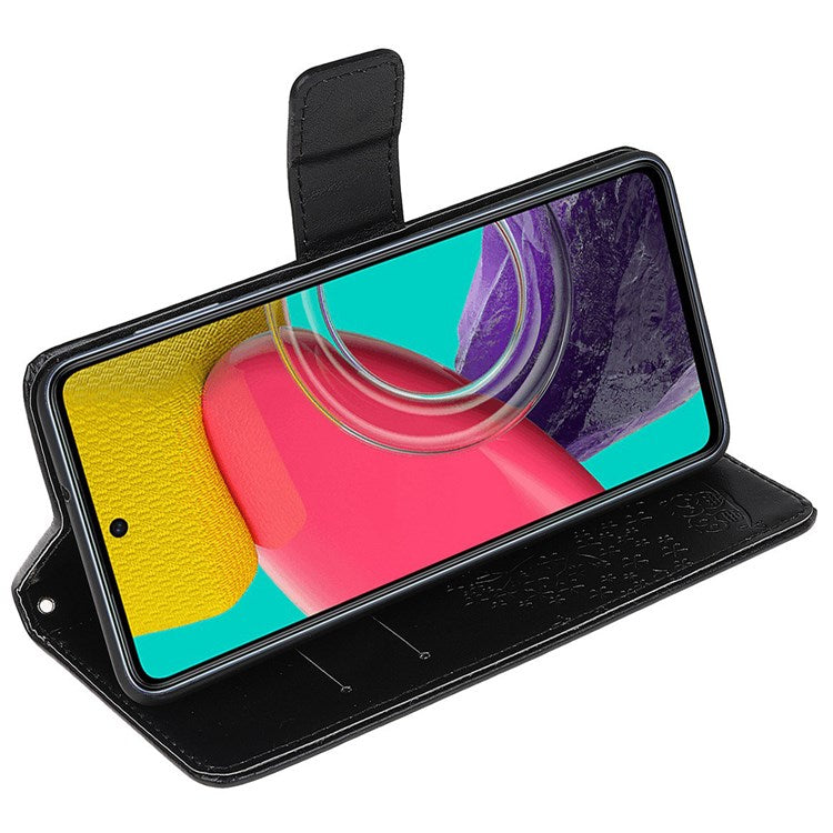 For Samsung Galaxy M53 5G Stand PU Leather Case Imprinted Owl Tree Pattern Wallet Cover with Strap - Black
