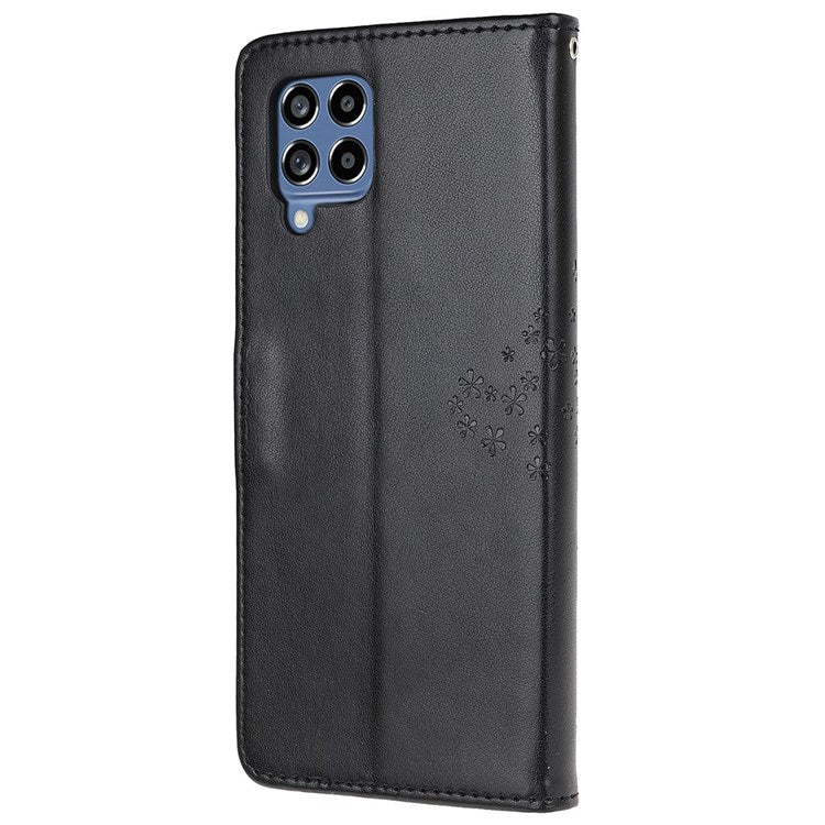 For Samsung Galaxy M53 5G Stand PU Leather Case Imprinted Owl Tree Pattern Wallet Cover with Strap - Black