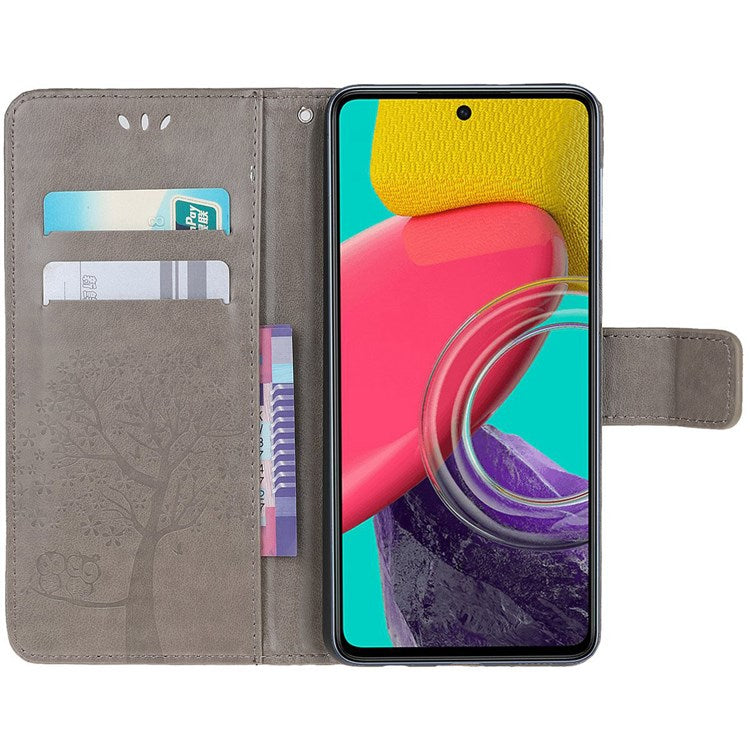 For Samsung Galaxy M53 5G Stand PU Leather Case Imprinted Owl Tree Pattern Wallet Cover with Strap - Grey