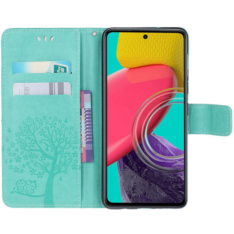 For Samsung Galaxy M53 5G Stand PU Leather Case Imprinted Owl Tree Pattern Wallet Cover with Strap - Cyan