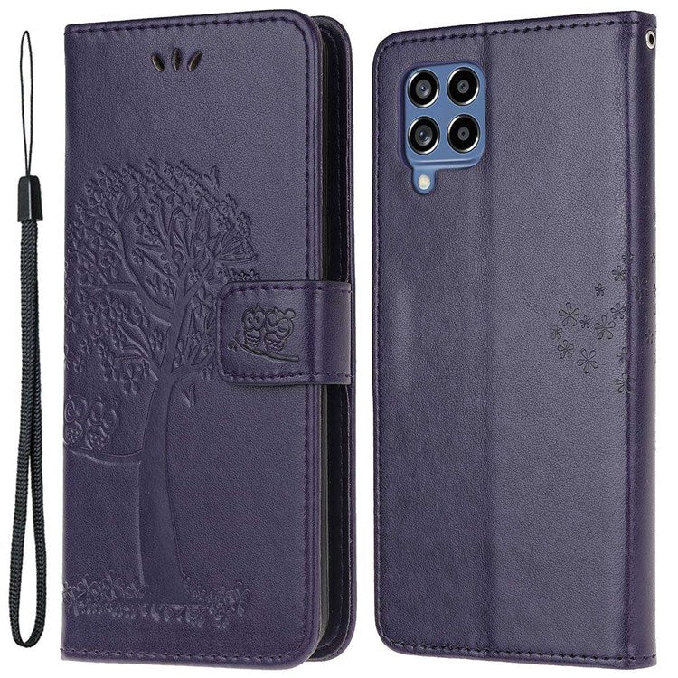 For Samsung Galaxy M53 5G Stand PU Leather Case Imprinted Owl Tree Pattern Wallet Cover with Strap - Dark Purple