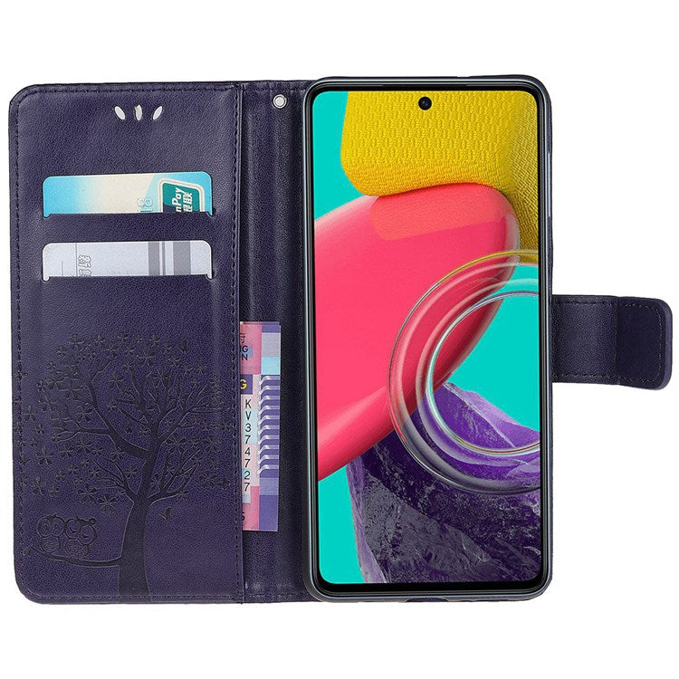 For Samsung Galaxy M53 5G Stand PU Leather Case Imprinted Owl Tree Pattern Wallet Cover with Strap - Dark Purple