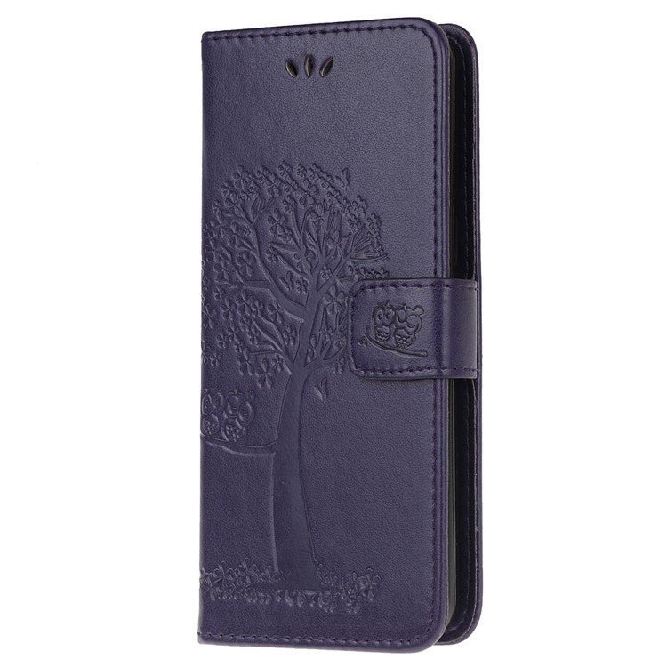 For Samsung Galaxy M53 5G Stand PU Leather Case Imprinted Owl Tree Pattern Wallet Cover with Strap - Dark Purple