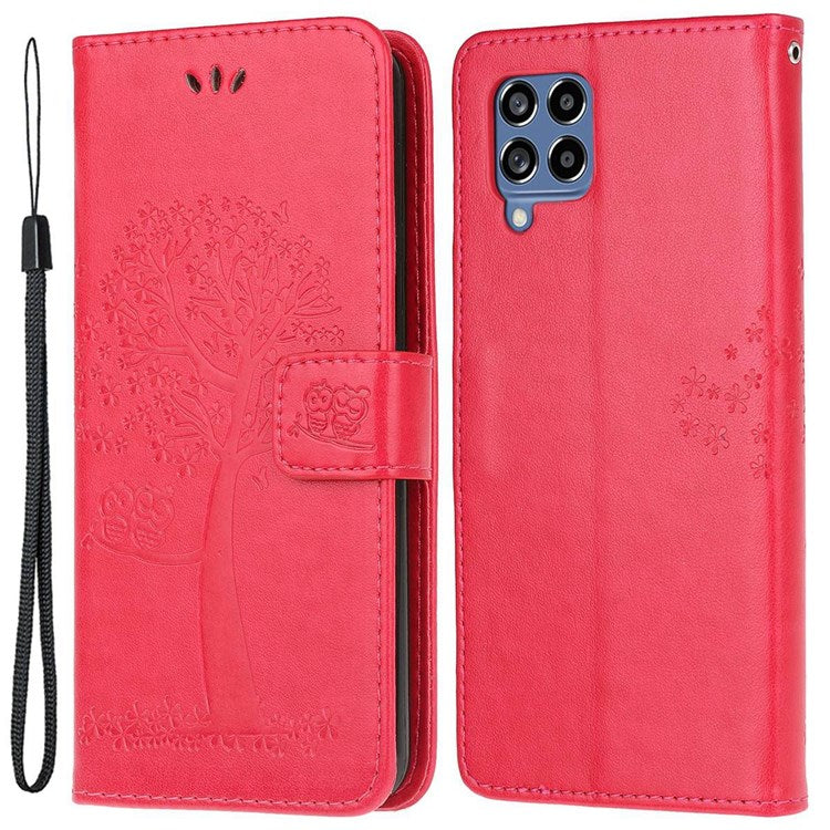 For Samsung Galaxy M53 5G Stand PU Leather Case Imprinted Owl Tree Pattern Wallet Cover with Strap - Red