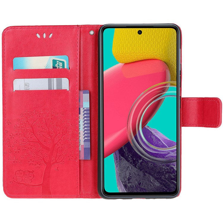 For Samsung Galaxy M53 5G Stand PU Leather Case Imprinted Owl Tree Pattern Wallet Cover with Strap - Red