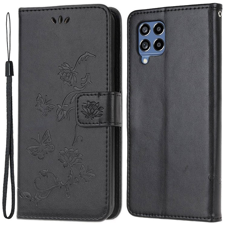 For Samsung Galaxy M53 5G Butterfly Flower Imprinted PU Leather Magnetic Clasp Phone Case Wallet Stand Cover - Black