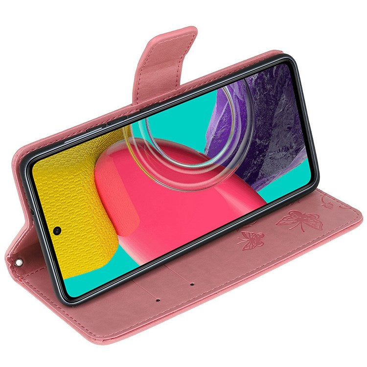 For Samsung Galaxy M53 5G Butterfly Flower Imprinted PU Leather Magnetic Clasp Phone Case Wallet Stand Cover - Pink
