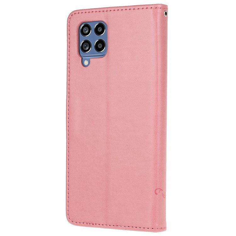 For Samsung Galaxy M53 5G Butterfly Flower Imprinted PU Leather Magnetic Clasp Phone Case Wallet Stand Cover - Pink