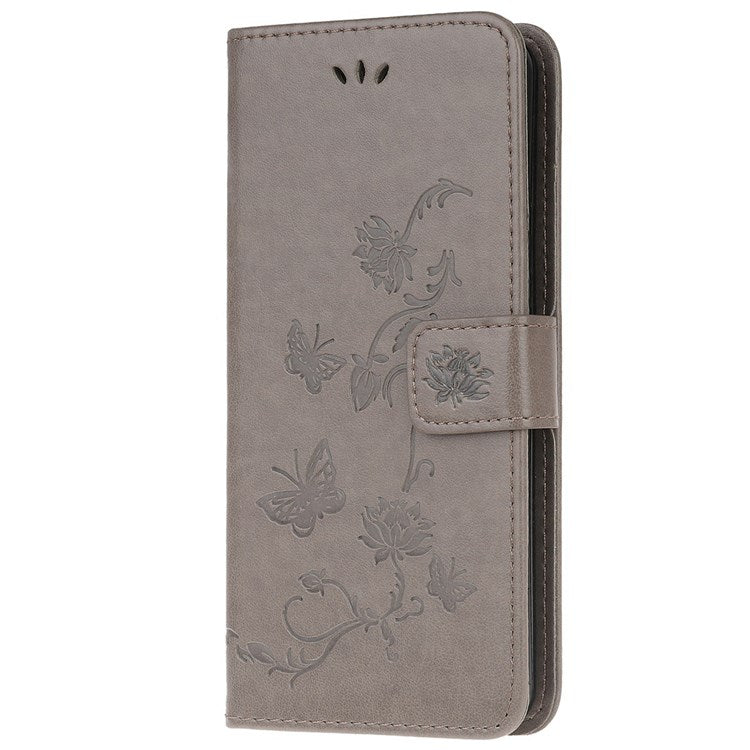 For Samsung Galaxy M53 5G Butterfly Flower Imprinted PU Leather Magnetic Clasp Phone Case Wallet Stand Cover - Grey
