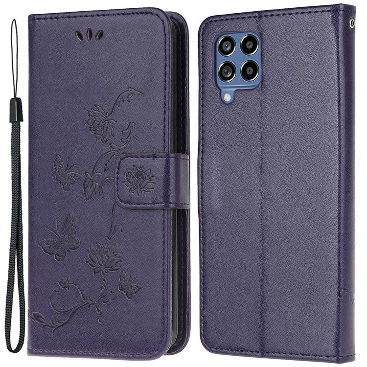 For Samsung Galaxy M53 5G Butterfly Flower Imprinted PU Leather Magnetic Clasp Phone Case Wallet Stand Cover - Dark Blue