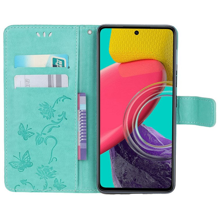 For Samsung Galaxy M53 5G Butterfly Flower Imprinted PU Leather Magnetic Clasp Phone Case Wallet Stand Cover - Cyan