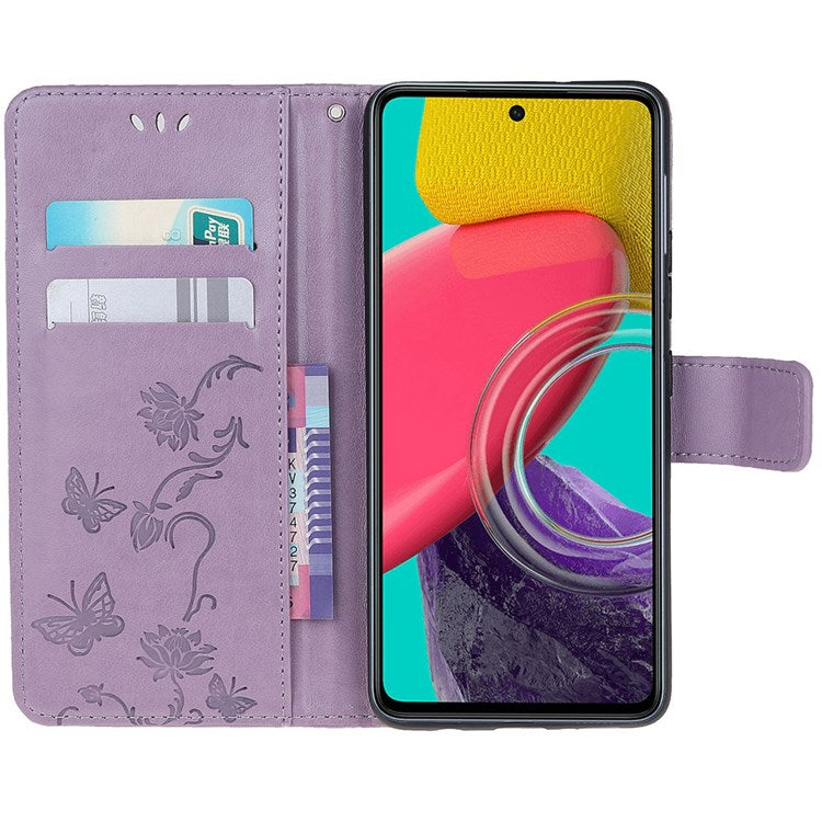 For Samsung Galaxy M53 5G Butterfly Flower Imprinted PU Leather Magnetic Clasp Phone Case Wallet Stand Cover - Purple
